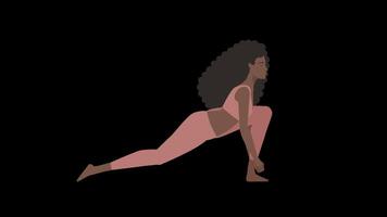Animated illustration of a brown woman doing sun salutation Asana yoga anjaneyasana pose video