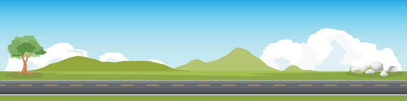 Horizontal or landscape of smooth asphalt road. On the wide grassland. There were grasses and tree and rocks growing on both sides. Softe color of mountain and blue sky with white clouds. vector
