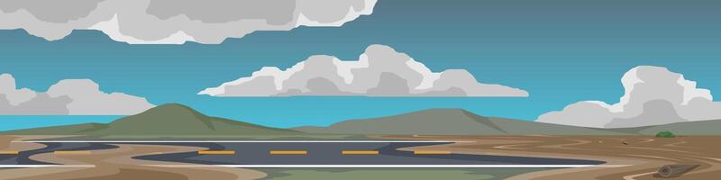 Horizontal view of Asphalt road with flooded areas. Wide open areas with flooded roads. Bring trees and trash. Under the sky and dark clouds. vector
