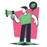 Flat design illustration of a man speaking into a megaphone. The design highlights communication, leadership and message delivery, with vibrant colors and a minimalist, modern style vector