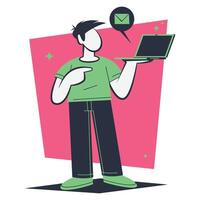 Flat design illustration of a man holding a laptop while viewing an incoming message. The minimalist design highlights digital interaction with modern notification icons vector