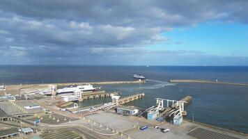 High Angle View of Dover Sea Port of England United Kingdom During Beautiful and Shiny Day with Few Clouds. Aerial Footage Was Captured on April 20th, 2024 With Drone's Camera from Medium Altitude video