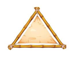 Triangular bamboo frame with aged parchment and ropes at the corners, perfect for adventure or vintage themes. Cartoon illustration vector