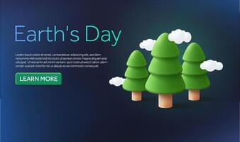 3d pine trees with flying clouds isolated on background. Banner design concept with text and call to action for Earth's day, environment, nature, landmark. 3d illustration vector