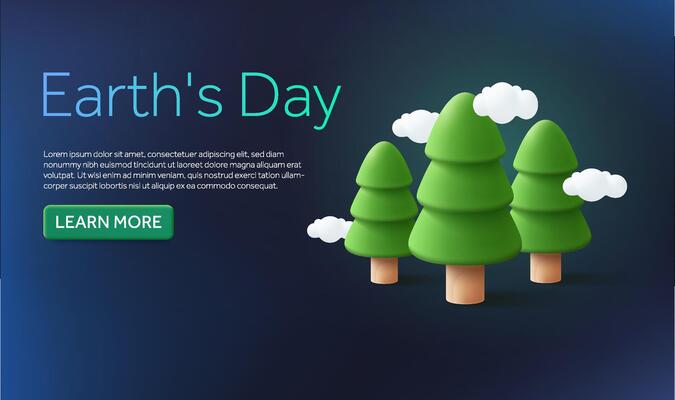 3d pine trees with flying clouds isolated on background. Banner design concept with text and call to action for Earth's day, environment, nature, landmark. 3d illustration