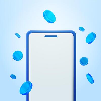 3d blue coins explosion effect out from smartphone device screen banner design. Mobile phone with lot of money floating Casino, cash back, win, profit. Blue coins falling on background