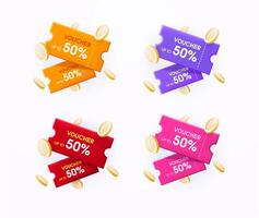 3d vouchers or coupons with coins in different colors, minimal style, isolated on white background. Concept for promotion banner, sales, website, discount, low price, gift. 3d illustration. vector