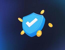 3d checkmark on a shield with coins flying around, isolated on background. Design concept for banking, financial, commerce advertising, key visual. 3d illustration. vector