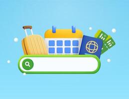 3d suitcase with calendar, passports, search bar, button isolated on background. Minimal design concept for travel, holiday, booking, transportation business. 3d illustration. vector