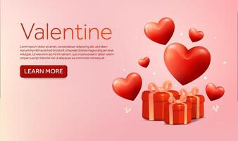 3d flying hearts with gift boxes, isolated on background. Banner design concept with text and call to action button for valentine, love, promotion, social. 3D heart illustration. vector