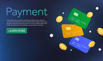 Banking cards in different colors with coins flying around, isolated on background. Banner design concept with text, call to action for financial, commercial, online business, 3d illustration. vector