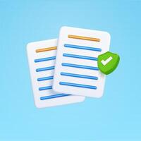 3d documents, contracts with checkmark, isolated on background. Design concept for electric contract, report, cloud documents, safety. 3d illustration. vector