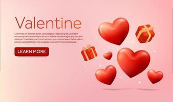 3d flying hearts with gift boxes, isolated on background. Banner design concept 2 with text and call to action button for valentine, love, promotion, social. 3D heart illustration. vector