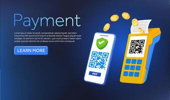3d pos terminal device, qr code, printing receipts, flow of coins, smartphone, pay button, isolated on background. Banner design concept with text, call to action for payment. 3d illustration vector