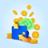 Cashback and money refund icon concept. Wallet, dollar bill and coin stack, online payment on pink background. dollar bill and coin stack, online payment and money saving concept. 3d illustration. vector