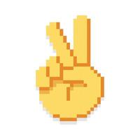 Pixel art of fingers gesturing number two. Pixelated hand gesturing victory sign. vector