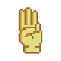 Pixel art of fingers gesturing number 3. Pixelated hand gesturing number three. vector