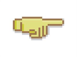 Pixel art of fingers gesturing pointing direction. Pixelated hand with fore finger up, gesturing number one. vector