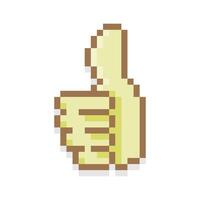 Pixel art of fingers gesturing thumb up sign. Pixelated hand gesturing okay and good sign vector