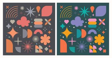 colorful Brutalist abstract geometric designs basic shapes and grids, incorporating contemporary figures such as stars, ovals, spirals, flowers, and other primitive standard elements. vector