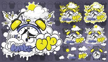a set of stickers with a clock and clouds vector