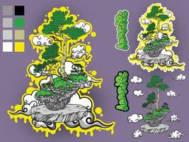 a sticker with a tree and clouds vector