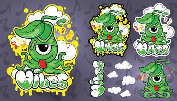 a set of stickers with green worms and music notes vector