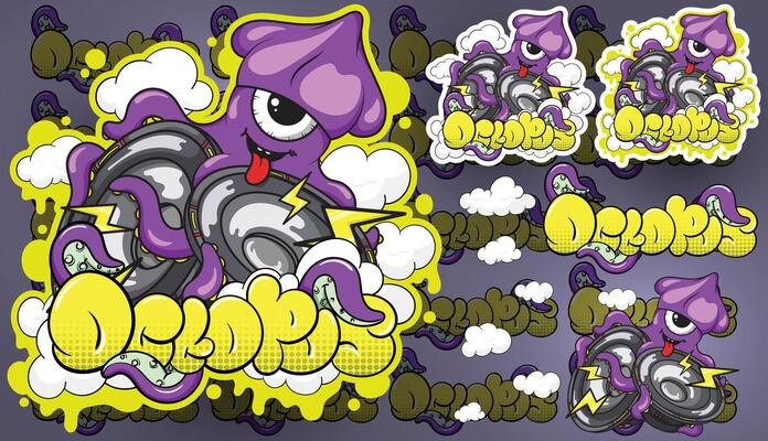 a set of stickers with purple octopus and other characters