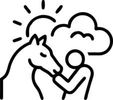 Silhouette of a person and horse nuzzling under a sky filled with soft abstract clouds and light flares vector