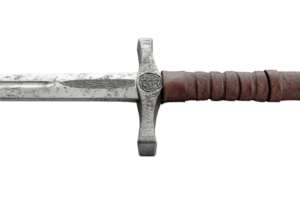 A detailed sword featuring an intricate hilt and a weathered blade, showcasing craftsmanship and historical design elements. png