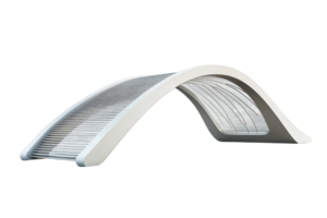 A sleek, modern bridge design featuring arched structures and slatted elements, showcasing innovative architectural aesthetics. png