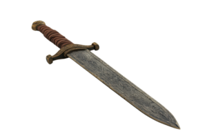 An ornate, weathered sword featuring a detailed blade and a textured grip, showcasing craftsmanship from a bygone era. png