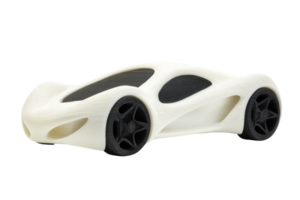 A sleek, modern toy car with a white body and black wheels, showcasing a streamlined design and sporty aesthetics. png