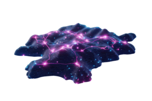 A visually striking, luminous abstract structure with a network of glowing connections, resembling a futuristic terrain or landscape. png