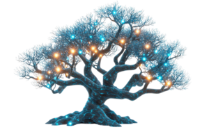 A glowing tree with intricate branches adorned with luminous blue and white lights. png
