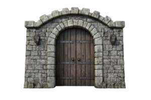 A weathered stone archway surrounds a wooden door featuring rustic hardware and lanterns on either side. png