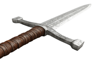 A detailed sword with a textured blade and a wrapped handle, showcasing craftsmanship and design. png