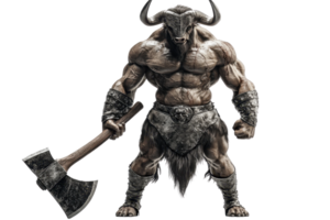 A muscular creature with a bull's head wields a massive axe, showcasing strength and fierce presence. png