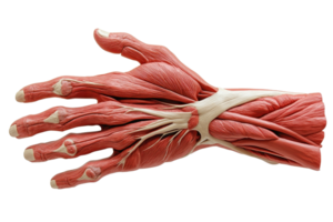 A detailed anatomical model of a human hand showcasing muscles and tendons, highlighting the intricate structure and functionality. png