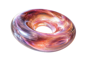 A swirling, colorful toroidal shape with a smooth surface and a central void, showcasing vibrant hues and dynamic patterns. png