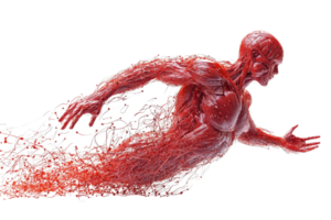 A dynamic figure appears to be sprinting, composed of a flowing, red substance resembling liquid or blood. png