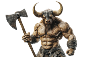 A muscular humanoid figure with bull-like features, wielding a large axe, showcasing strength and ferocity. png