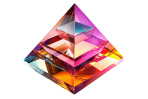 A colorful, multi-layered crystal pyramid with intricate facets reflecting light, showcasing vibrant hues and geometric shapes. png