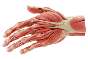 A detailed anatomical model of a human hand, showcasing the muscles and structure with vivid colors. png