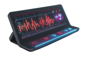 A sleek, modern monitor displaying a vibrant heartbeat waveform with interactive icons for health monitoring. png