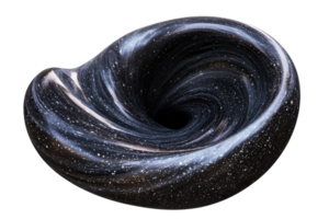 A polished, swirling black stone sculpture with shimmering specks, resembling a delicate spiral shell or abstract form. png