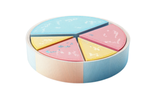 A colorful segmented cake with blue, pink, and yellow portions arranged in a circular shape. png