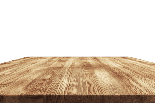 A wooden table surface viewed from a low angle, set against a transparent background, highlighting its texture and natural patterns. png