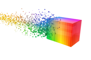 A vibrant, colorful cube disperses into a spectrum of particles, showcasing a dynamic flow of colors. png