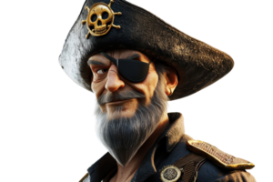 A detailed pirate character with an eyepatch, a skull-adorned hat, and a rugged beard, exuding a bold and adventurous aura. png